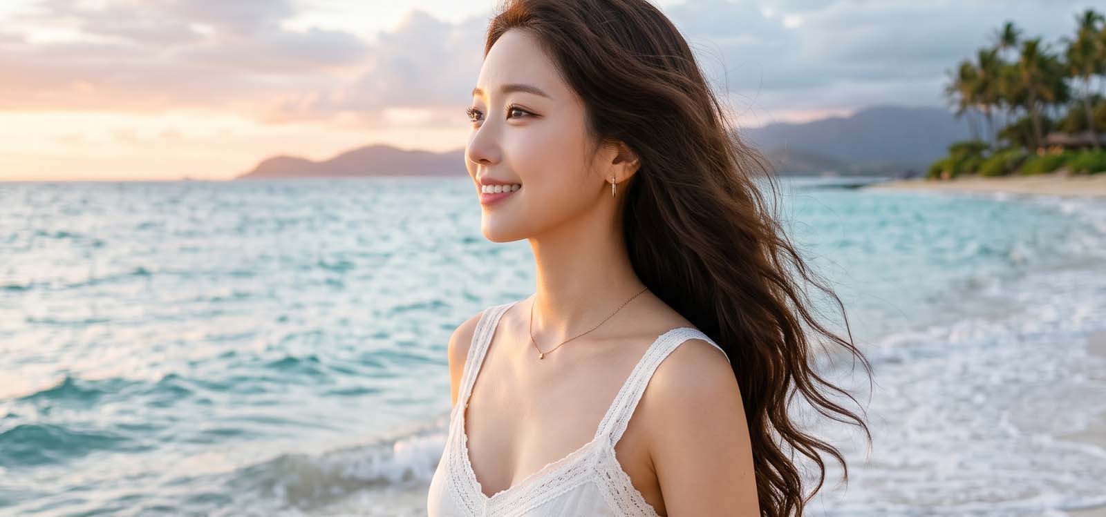 석양이 지는 바닷가를 산책하는 모습