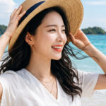 해변에서 밀짚모자를 잡으며 바람을 즐기는 모습