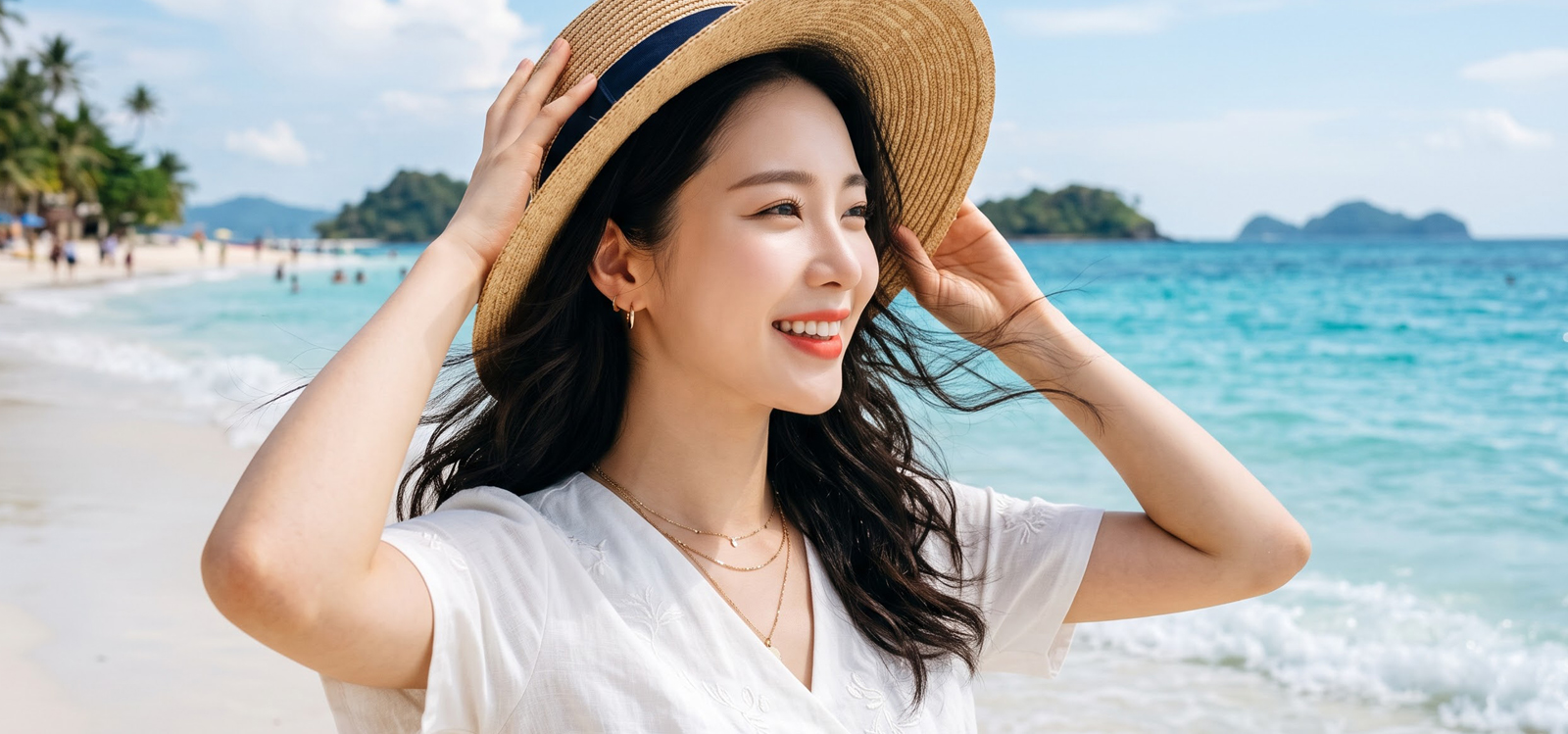 해변에서 밀짚모자를 잡으며 바람을 즐기는 모습