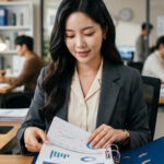 계약 완료 후 서류를 정리하는 모습