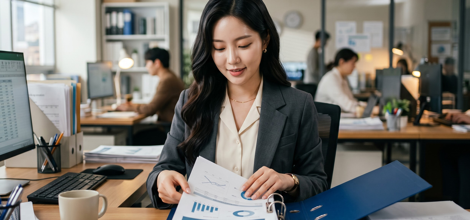 계약 완료 후 서류를 정리하는 모습