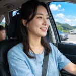 고속도로를 배경으로 가족여행을 시작하는 모습