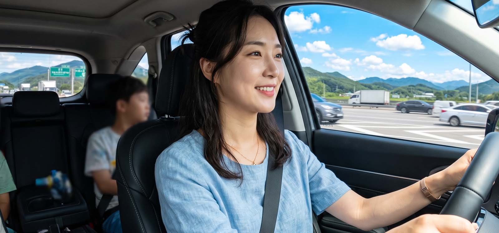 고속도로를 배경으로 가족여행을 시작하는 모습
