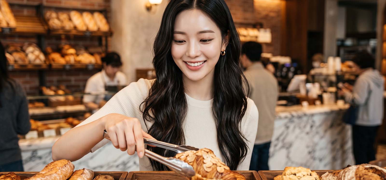 베이커리에서 빵을 고르는 모습
