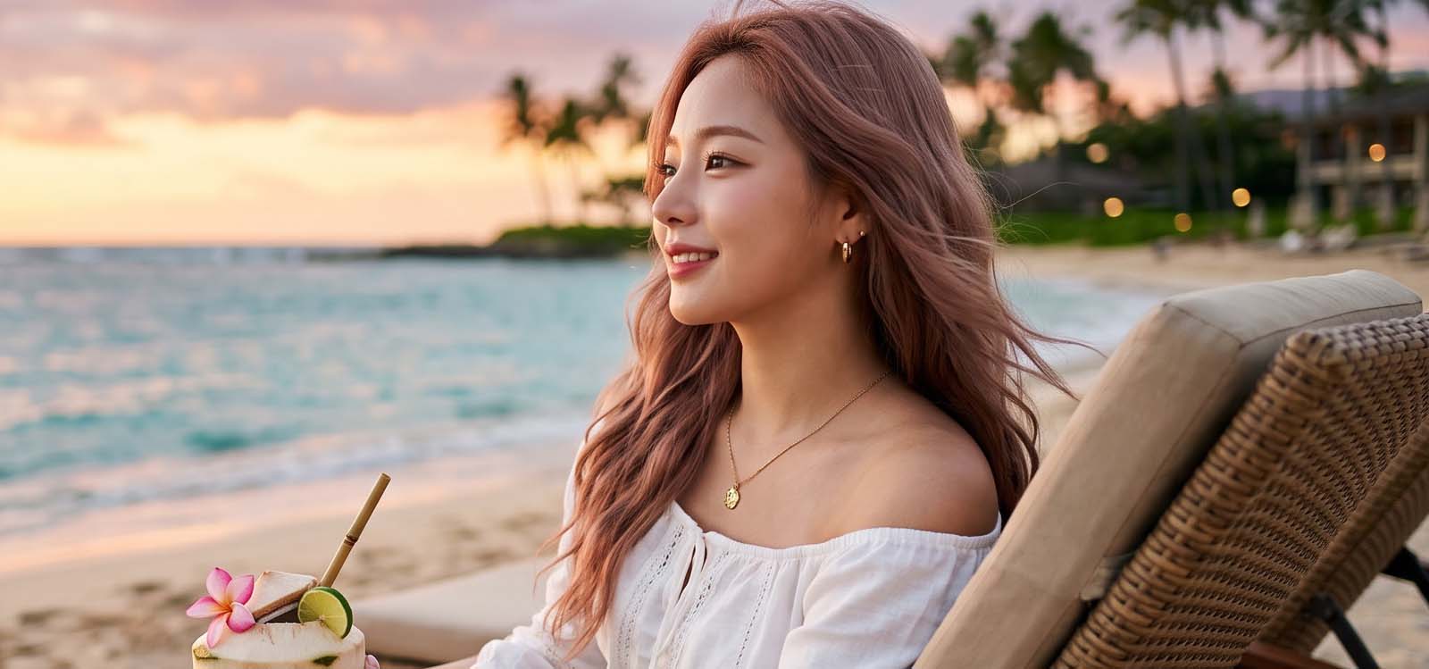 노을이 지는 해변에서 여름휴가를 즐기는 모습