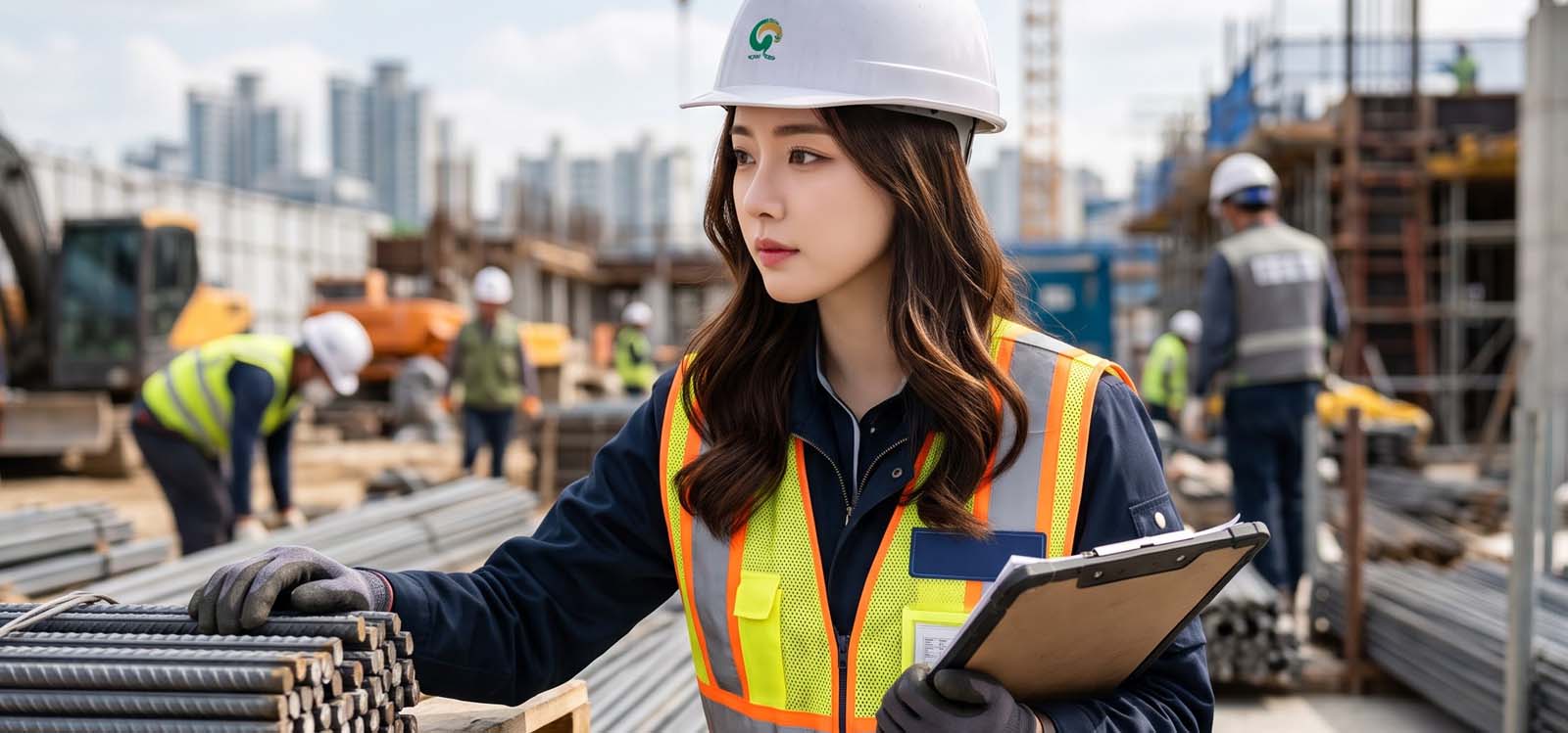 안전모를 착용하고 건설현장에서 작업 준비하는 모습