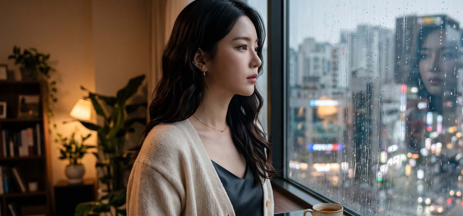 창밖을 보고 있는 여자