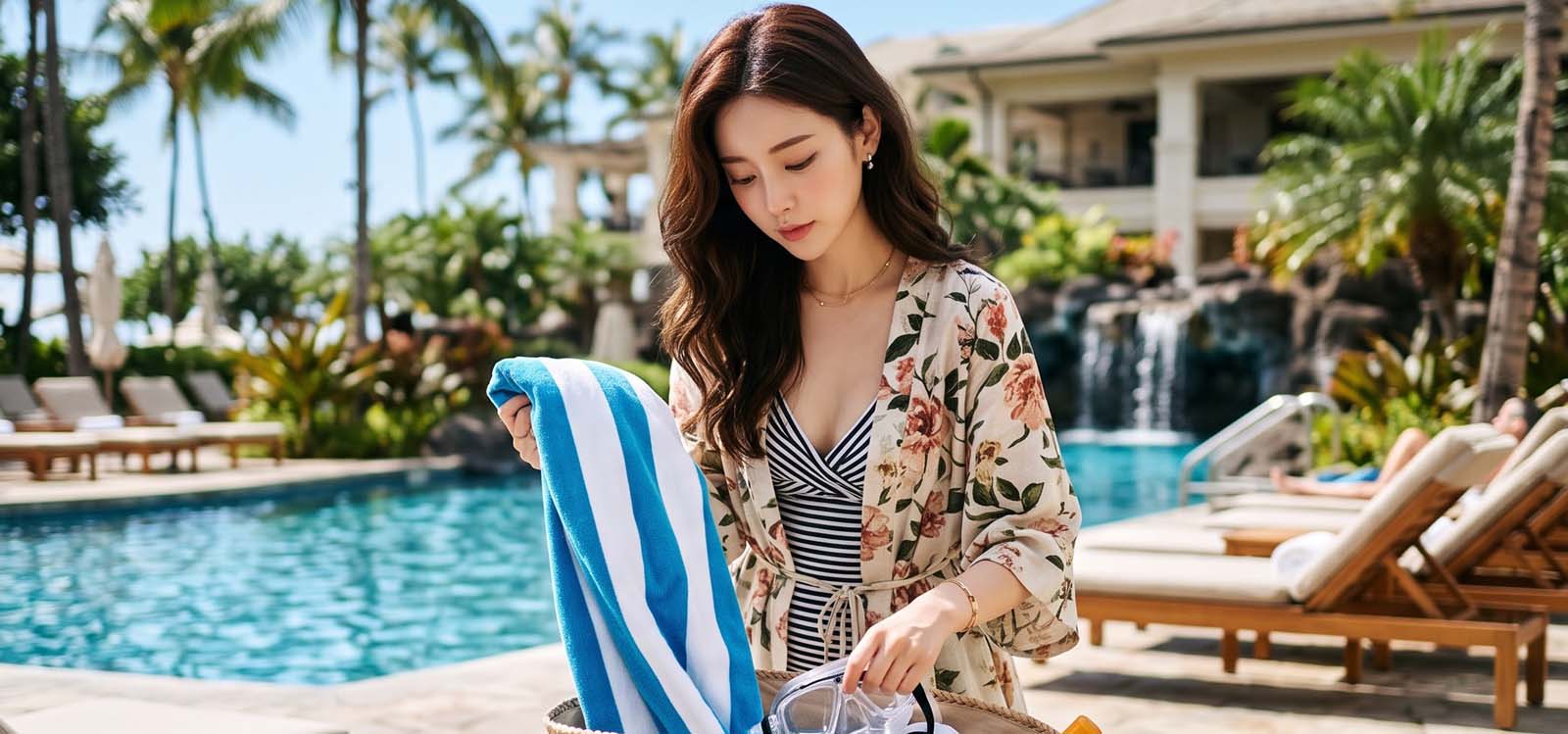 리조트에서 비치백 짐을 꺼내는 모습