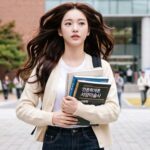 책을 들고 캠퍼스를 걷는 여자