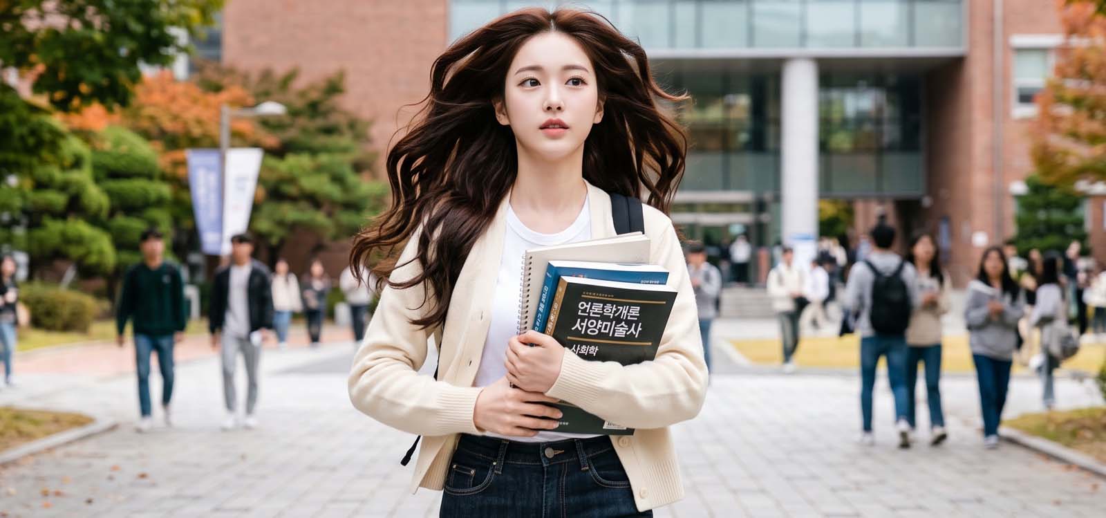 책을 들고 캠퍼스를 걷는 여자