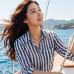 요트 위에서 줄을 잡고 있는 여자