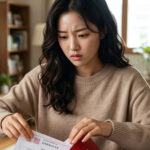 독촉장과 연체 고지서를 날짜순으로 정리하는 모습