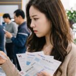ATM에서 잔액을 확인하고 난감해하는 모습