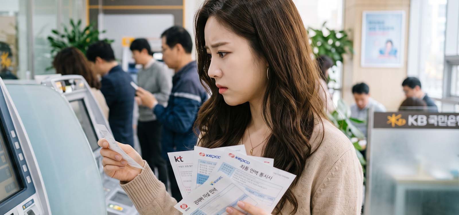 ATM에서 잔액을 확인하고 난감해하는 모습