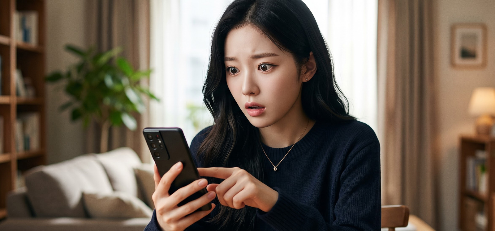 핸드폰 알림을 확인하다 갑자기 표정이 굳는 모습