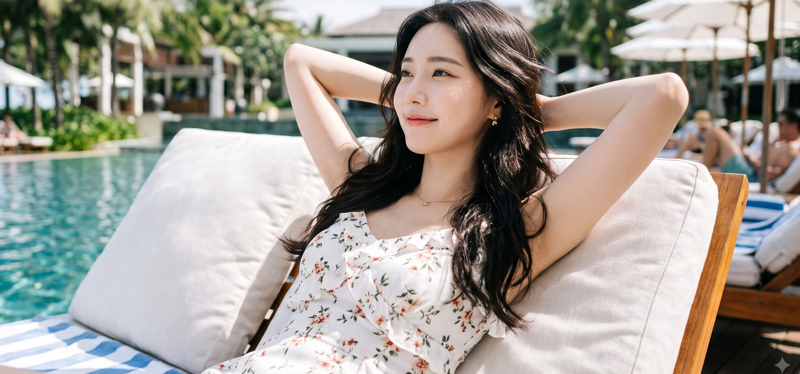 썬배드에서 휴식하고 있는 여자