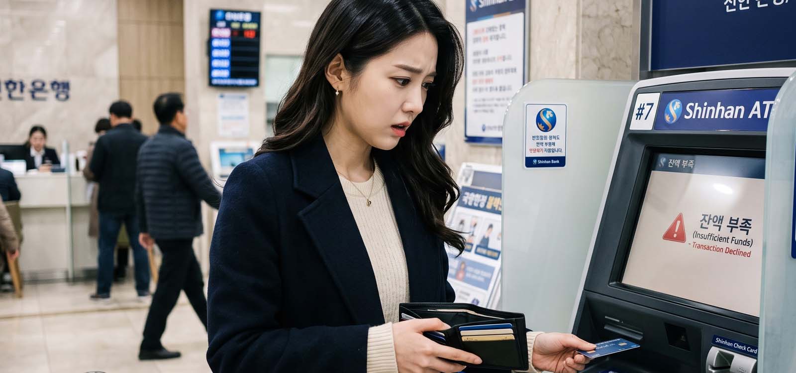 ATM에서 잔액 부족으로 돈을 찾지 못하는 모습