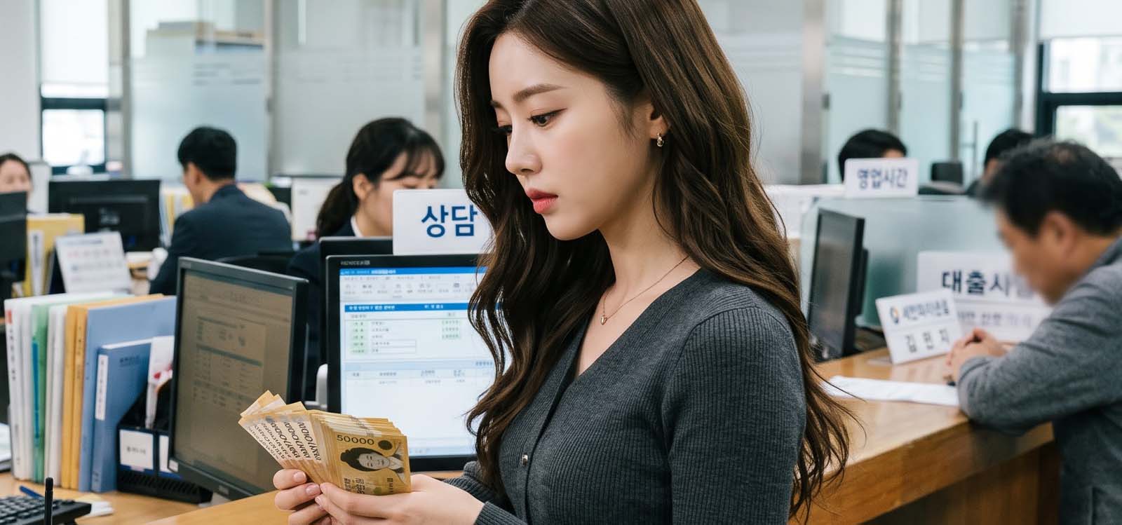 대부업체 카운터에서 현금을 직접 수령하는 모습