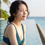 인피니티풀 가장자리에서 물에 기대어 쉬는 모습
