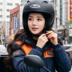 헬멧을 착용하고 배달 출발을 준비하는 여성 라이더