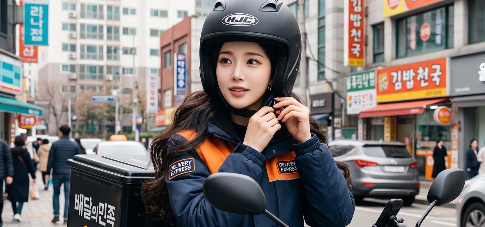 헬멧을 착용하고 배달 출발을 준비하는 여성 라이더