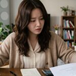 대출 신청서 앞에서 망설이는 여성