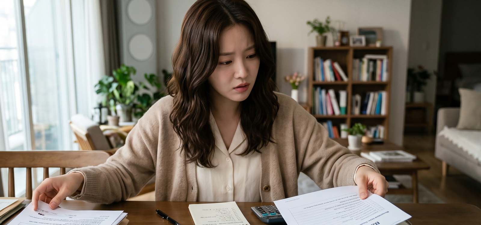 대출 신청서 앞에서 망설이는 여성