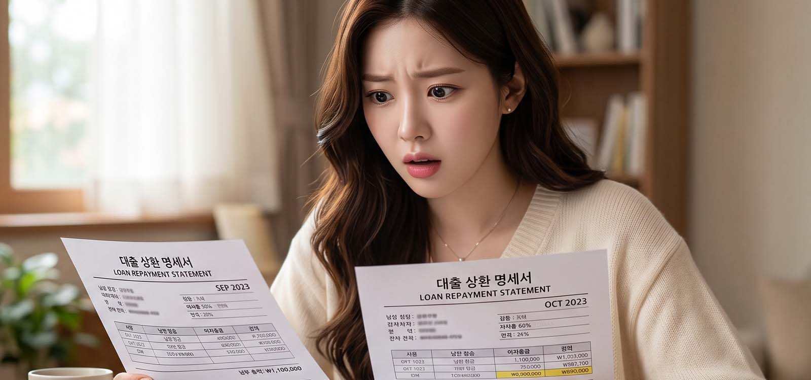 대출계약서를 펼쳐보고 당황한 여성