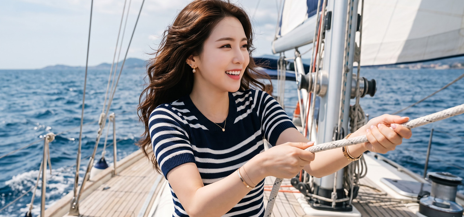 요트에서 줄을 당기는 여자