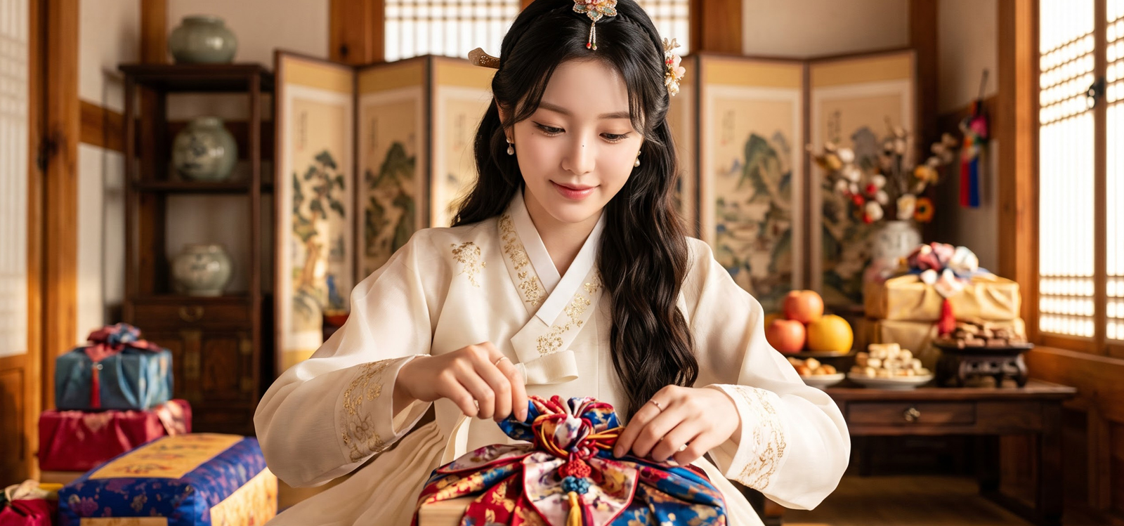추석 선물 보자기를 묶는 모습