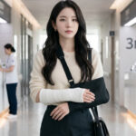 손목 골절로 깁스를 한 채 병원 복도를 이동하는 모습