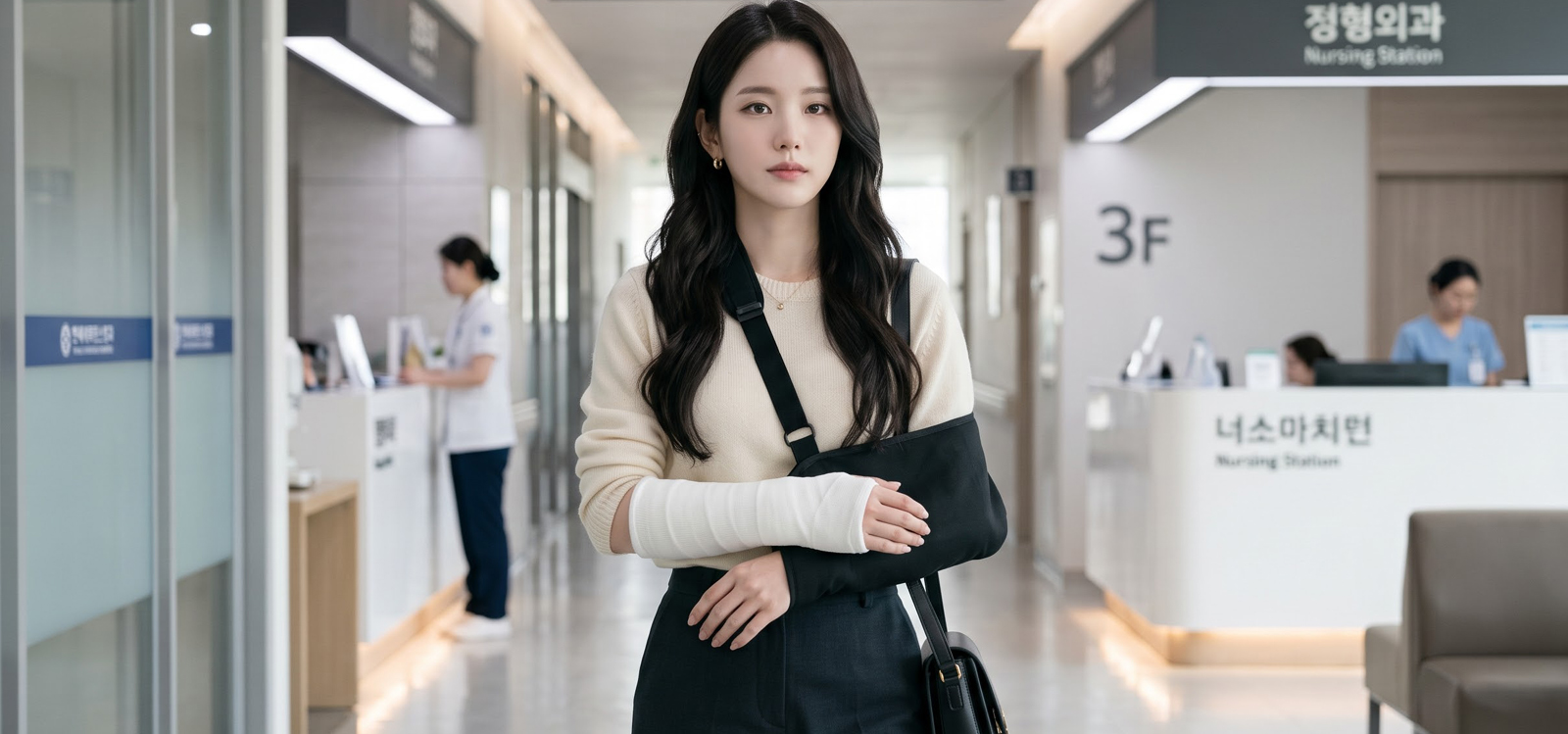 손목 골절로 깁스를 한 채 병원 복도를 이동하는 모습