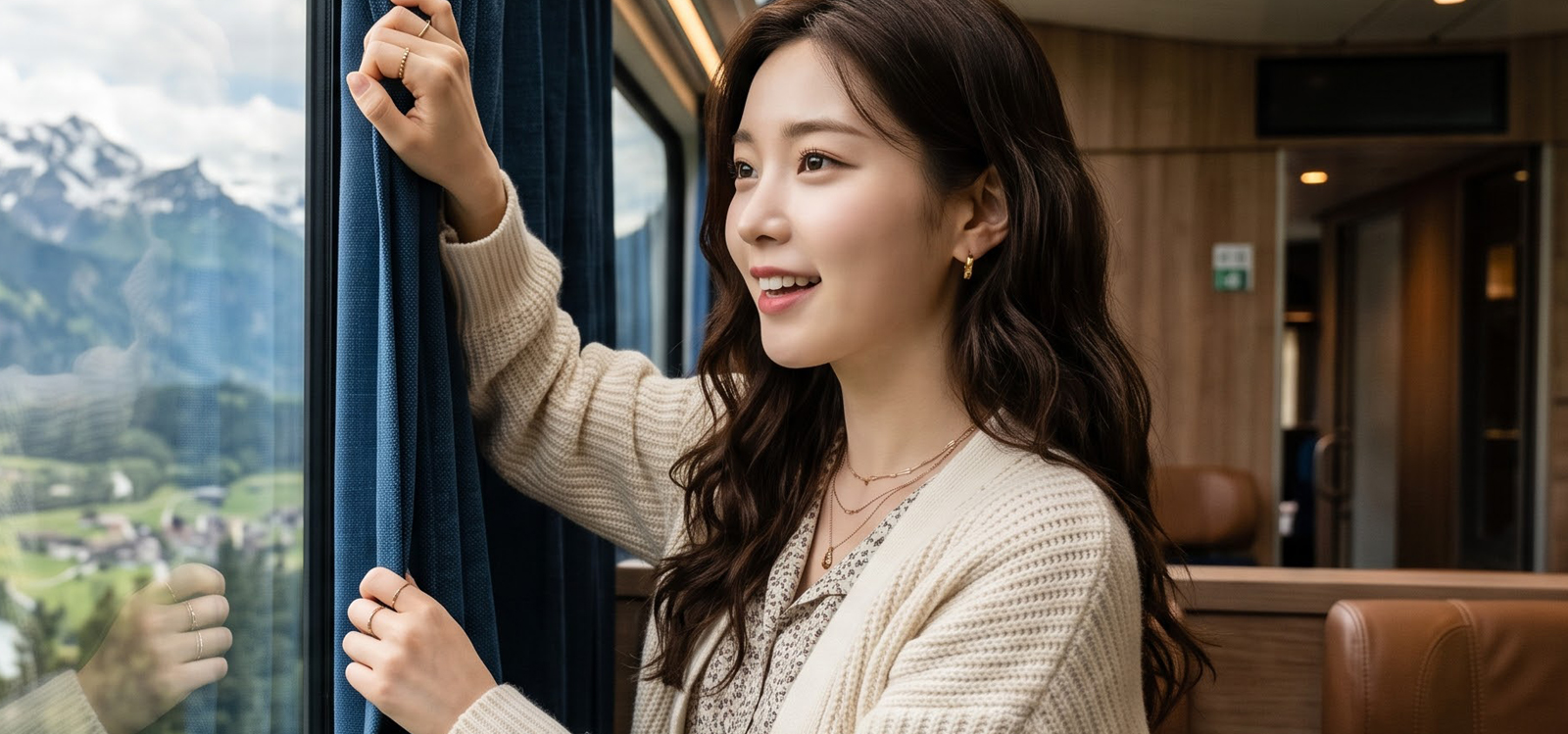기차여행 중 창밖 풍경을 즐기는 모습