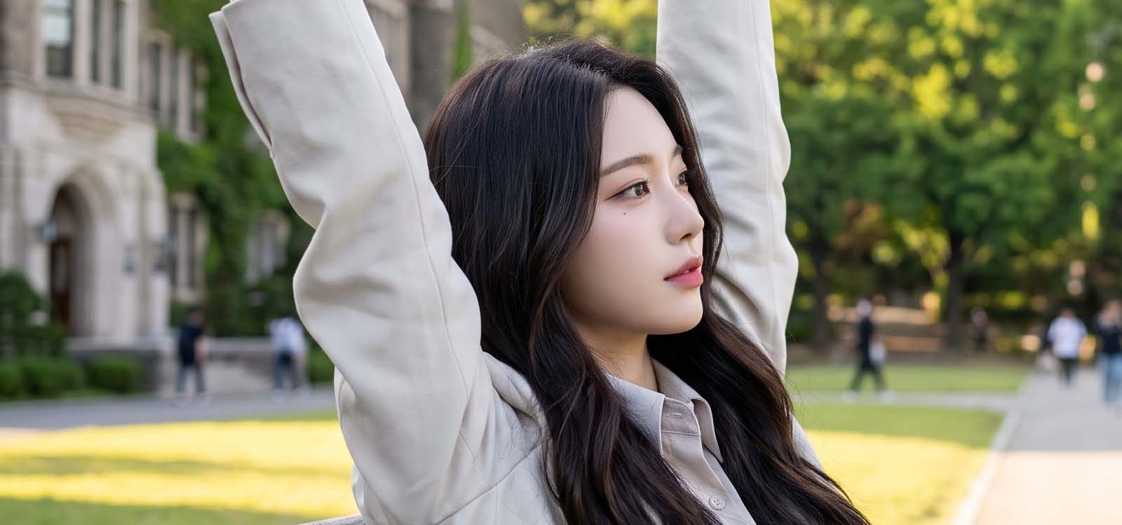 캠퍼스 벤치에서 스트레칭하며 쉬는 모습