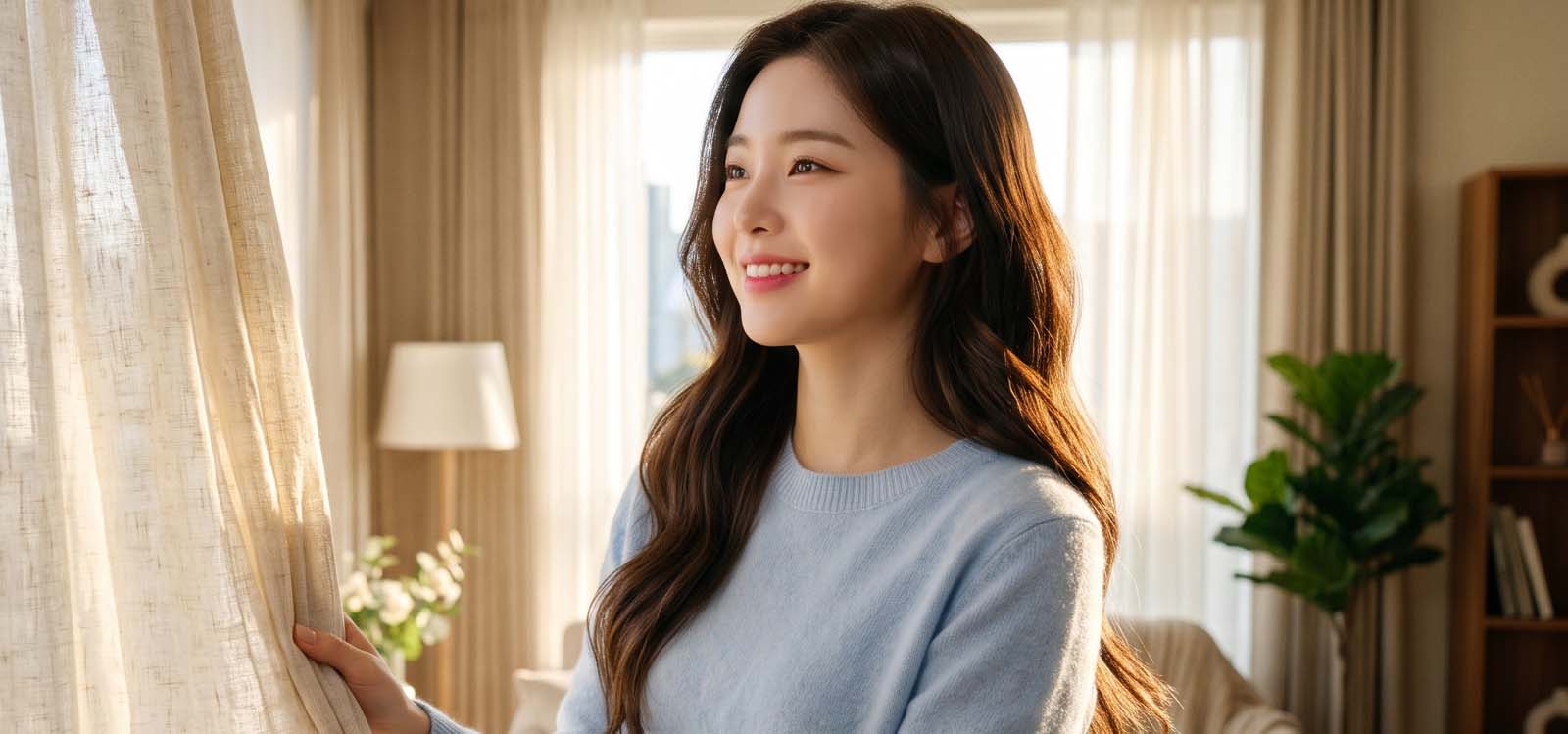 아침에 거실 커튼 활짝 열기