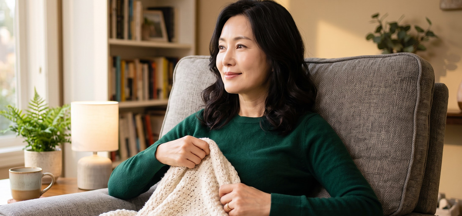 안락의자에 깊숙이 앉아 담요를 덮고 휴식