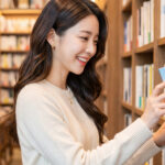 대형 서점에서 마음에 드는 책을 발견하는 모습