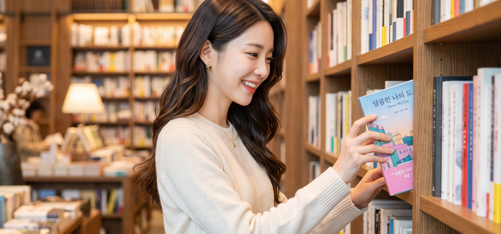 대형 서점에서 마음에 드는 책을 발견하는 모습