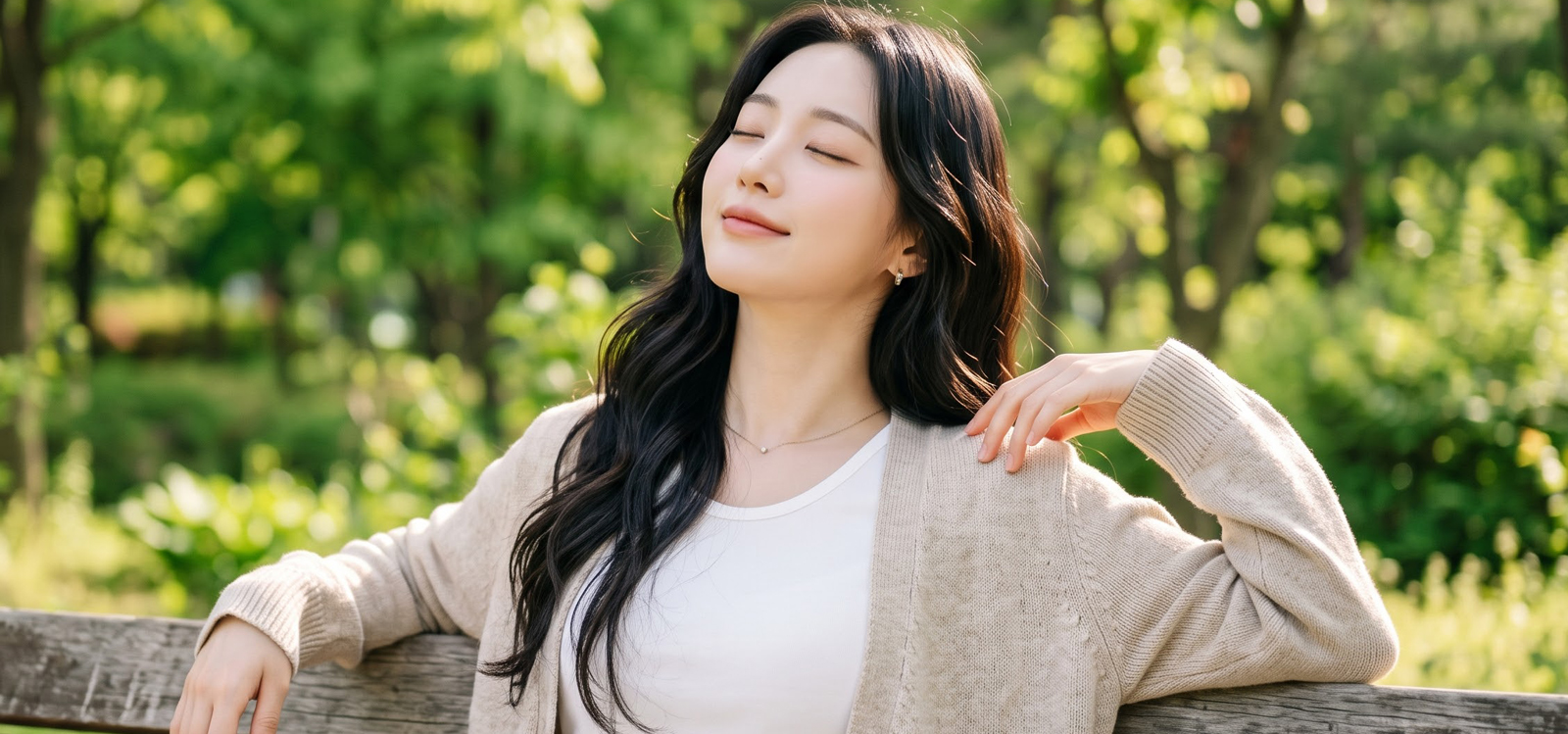 공원 벤치에 앉아 햇살을 즐기며 쉬는 모습