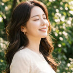 공원 산책 중 밝게 웃는 모습