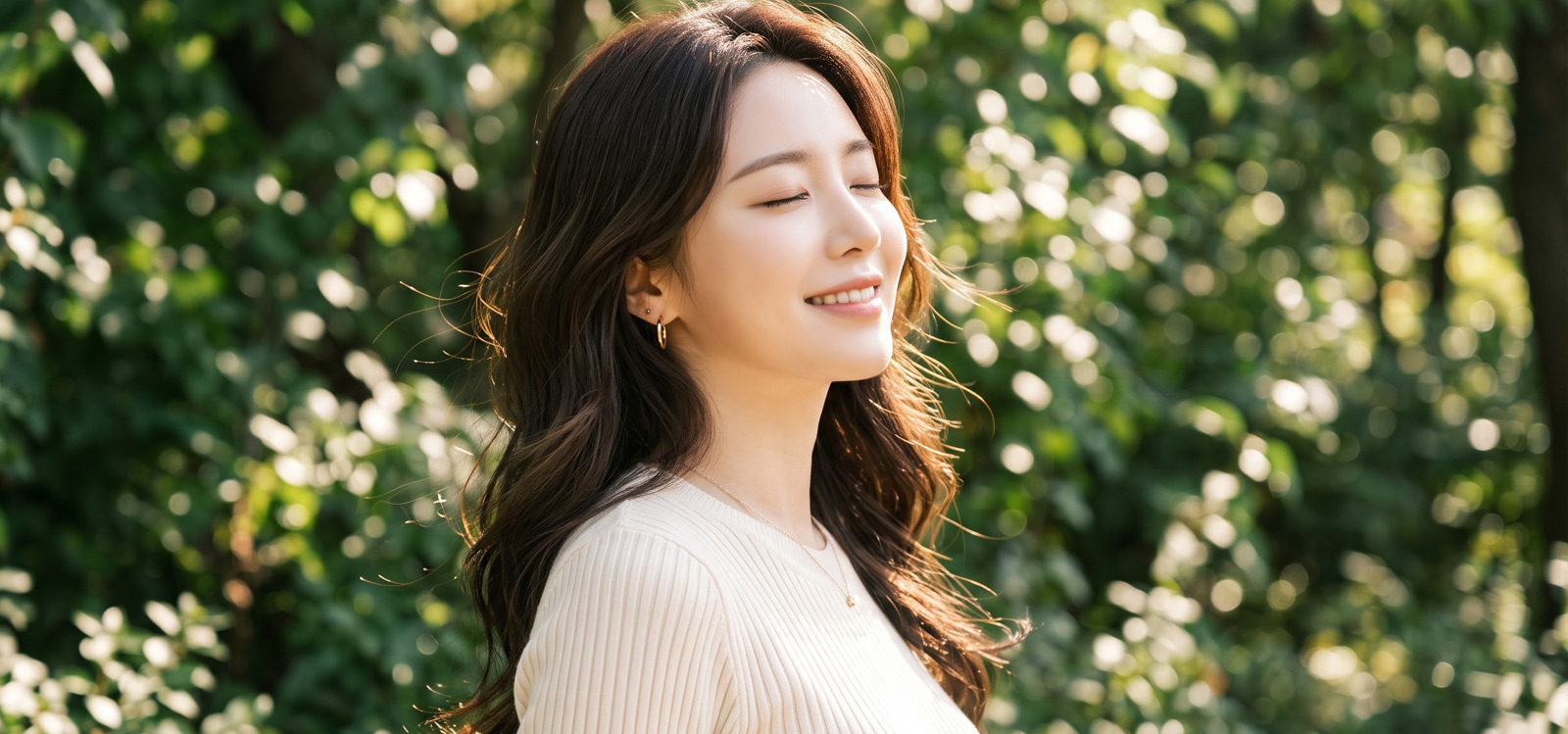 공원 산책 중 밝게 웃는 모습