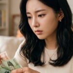 지갑 속 얼마 남지 않은 현금을 확인하는 모습