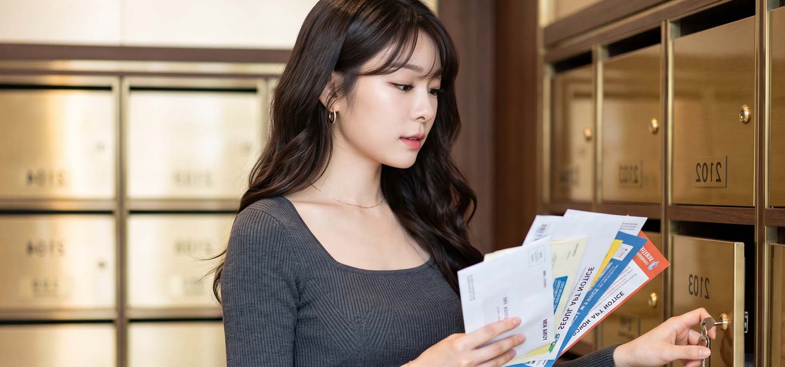 아파트 우편함에서 우편물을 꺼내는 모습