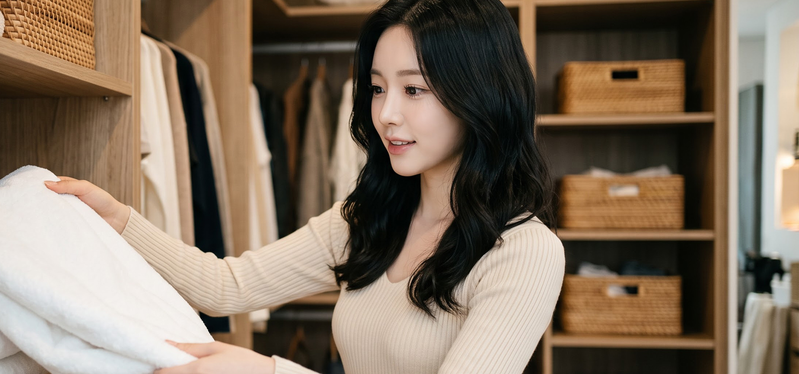 빨래를 개어 수납하는 모습