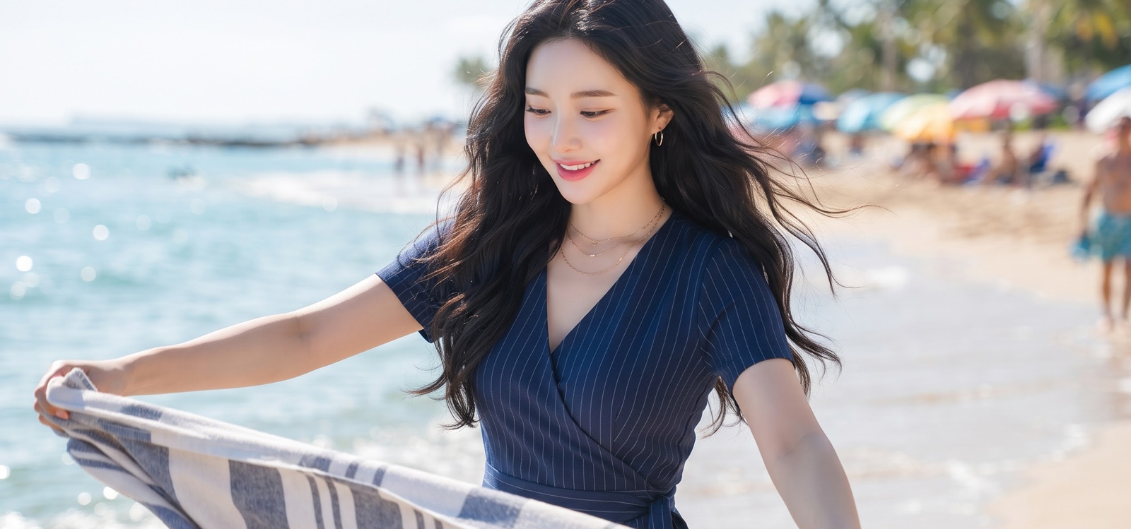해변에서 비치타월 펼치는 모습