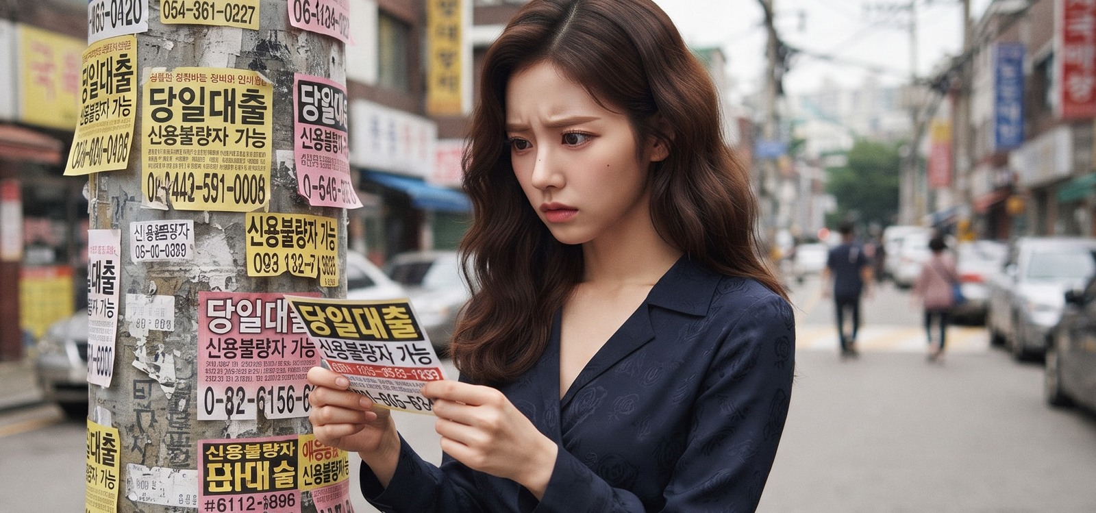 불법대출 전단지를 보고 고민하는 모습