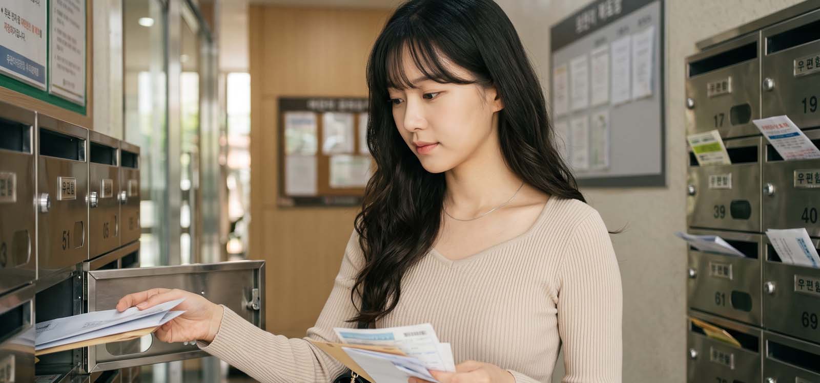 아파트 우편함에서 우편물을 꺼내는 모습