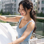 베란다에서 큰 빨래를 널고 있는 모습