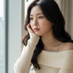 창가에 앉아 밖을 바라보며 고민하는 모습