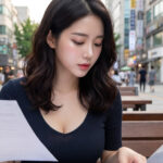 야외 테이블에서 대출 서류 분류하기